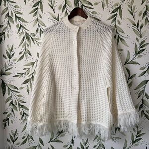 Vintage Knit Poncho Sweater with Fringe. Cream. One size.